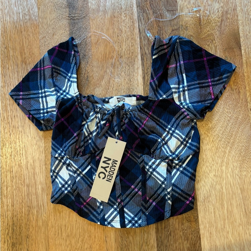 Madden NYC Plaid Puff Sleeve Crop Top – Size XS | Navy, Cream & Magenta | NWT